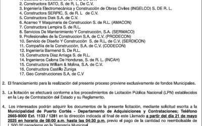AVISO DE LICITACION PÚBLICA «CONSTRUCCIÓN DE DESARENADOR, OBRA DE CAPTACIÓN TULIÁN I, PUERTO CORTÉS, CORTÉS»