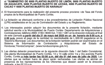 AVISO DE LICITACIÓN PÚBLICA “SUMINISTRO DE 6000 PLANTAS INJERTO DE LIMÓN, 5600 PLANTAS INJERTO DE AGUACATE, 5000 PLANTAS INJERTO DE LICHAS, 4000 PLANTAS INJERTO DE CACAO Y 4000 PLANTAS INJERTO DE NARANJA”