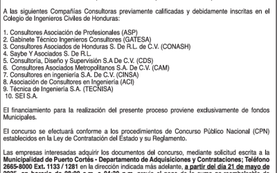 AVISO DE CONCURSO PÚBLICO NACIONAL “SUPERVISIÓN DE LA CONSTRUCCIÓN DE LA PLAZA DEL EMPRENDEDOR, BARRIO LA CURVA, PUERTO CORTÉS, CORTÉS”