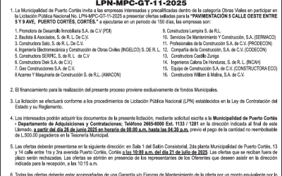 AVISO DE LICITACIÓN PÚBLICA “PAVIMENTACIÓN 5 CALLE OESTE ENTRE 5 Y 9 AVE,  PUERTO CORTÉS, CORTÉS»