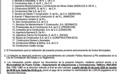 AVISO DE LICITACIÓN PÚBLICA NACIONAL PAVIMENTACIÓN RIO MAR, RIO MAR, PUERTO CORTÉS, CORTÉS