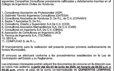 AVISO DE CONCURSO PÚBLICO NACIONAL PARA CONTRATACIÓN DE “SUPERVISIÓN DE LA PAVIMENTACIÓN RIO MAR, PUERTO CORTÉS, CORTÉS, HONDURAS.”