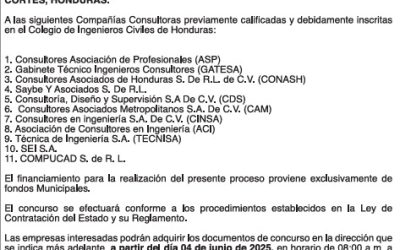AVISO DE CONCURSO PÚBLICO NACIONAL PARA CONTRATACIÓN DE “SUPERVISIÓN DE LA PAVIMENTACIÓN I ETAPA, MEDINA, COLONIA MIRAFLORES, PUERTO CORTÉS, CORTÉS, HONDURAS.”