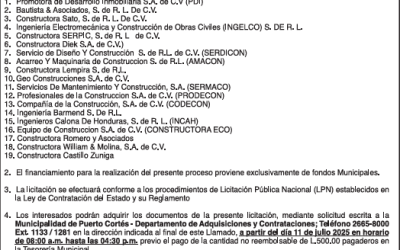 AVISO DE LICITACIÓN PÚBLICA “PAVIMENTACIÓN II ETAPA LA ROCA HACIA LAS MERCEDES, PUERTO CORTÉS, CORTÉS”
