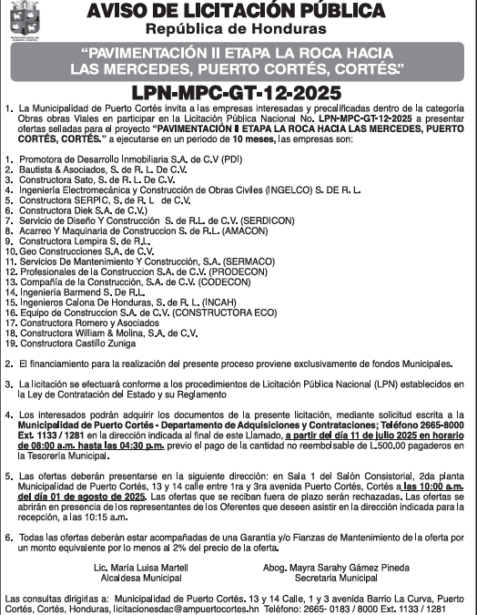 AVISO DE LICITACIÓN PÚBLICA “PAVIMENTACIÓN II ETAPA LA ROCA HACIA LAS MERCEDES, PUERTO CORTÉS, CORTÉS”
