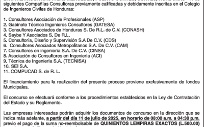AVISO DE CONCURSO PÚBLICO NACIONAL “SUPERVISIÓN DE LA PAVIMENTACION II ETAPA LA ROCA HACIA LAS MERCEDES, PUERTO CORTÉS, CORTÉS, HONDURAS”