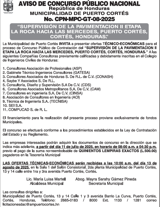 AVISO DE CONCURSO PÚBLICO NACIONAL “SUPERVISIÓN DE LA PAVIMENTACION II ETAPA LA ROCA HACIA LAS MERCEDES, PUERTO CORTÉS, CORTÉS, HONDURAS”