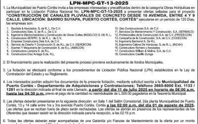 AVISO DE LICITACIÓN PÚBLICA “CONSTRUCCIÓN DE CANALES PLUVIALES DE CONCRETO DESDE 10 AVENIDA, ENTRE 4 Y 9 CALLE, UBICACIÓN: BARRIO SUYAPA, PUERTO CORTÉS, CORTÉS»