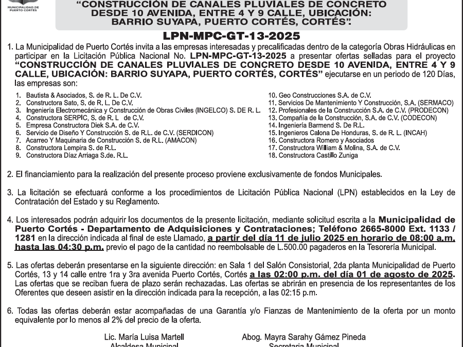 AVISO DE LICITACIÓN PÚBLICA “CONSTRUCCIÓN DE CANALES PLUVIALES DE CONCRETO DESDE 10 AVENIDA, ENTRE 4 Y 9 CALLE, UBICACIÓN: BARRIO SUYAPA, PUERTO CORTÉS, CORTÉS»