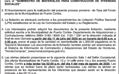 AVISO DE LICITACIÓN PÚBLICA “SUMINISTRO DE MATERIALES PARA CONSTRUCCIÓN DE VIVIENDAS SOCIALES”