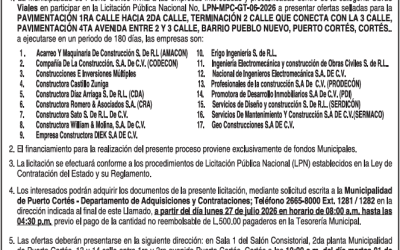 AVISO DE LICITACIÓN PAVIMENTACIÓN 1RA CALLE HACIA 2DA CALLE, TERMINACIÓN 2 CALLE QUE CONECTA CON LA 3 CALLE, PAVIMENTACIÓN 4TA AVENIDA ENTRE 2 Y 3 CALLE, BARRIO PUEBLO NUEVO