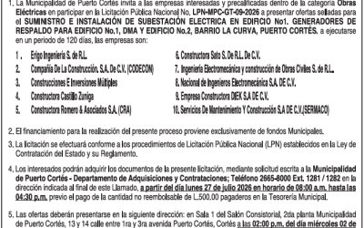 AVISO DE LICITACIÓN SUMINISTRO E INSTALACIÓN DE SUBESTACIÓN ELÉCTRICA EN EDIFICIO NO.1. GENERADORES DE RESPALDO PARA EDIFICIO NO.1, DMA Y EDIFICIO NO.2, BARRIO LA CURVA